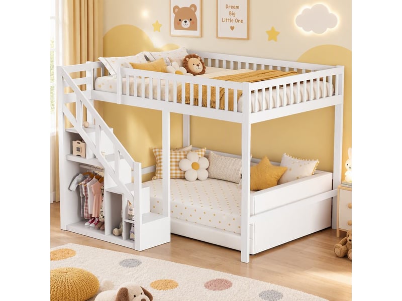  Lit mezzanine enfant 140x200 cm avec escalier de rangement, lit surélevé avec sommier et barrière, lit avec rangement, cadre de lit double, bois massif, blanc  - Conforama B