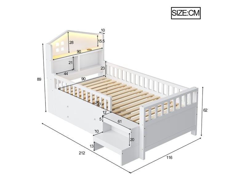 Lit enfant 90x200 cm blanc en bois massif avec 4 tiroirs, marche, led, usb et type-c - Conforama C