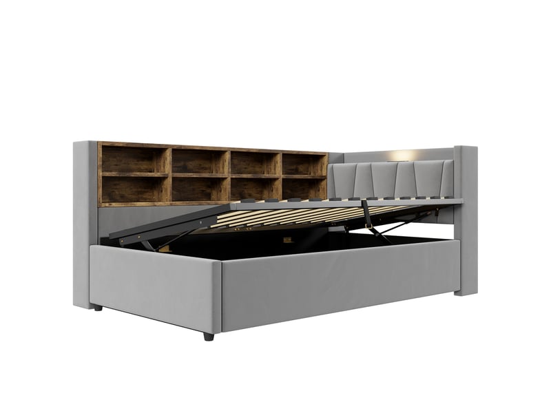  Lit coffre enfant 90x200 cm, led, usb type-c, étagères, rangement, sommier, velours gris clair, sans matelas  - Conforama D