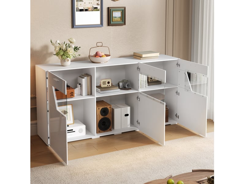  Buffet 160x38x78 cm 3 portes avec led, blanc brillant  - Conforama B