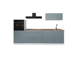 Vicco cuisine, bleu-grisblanc, 280cm plan de travail chêne doré
