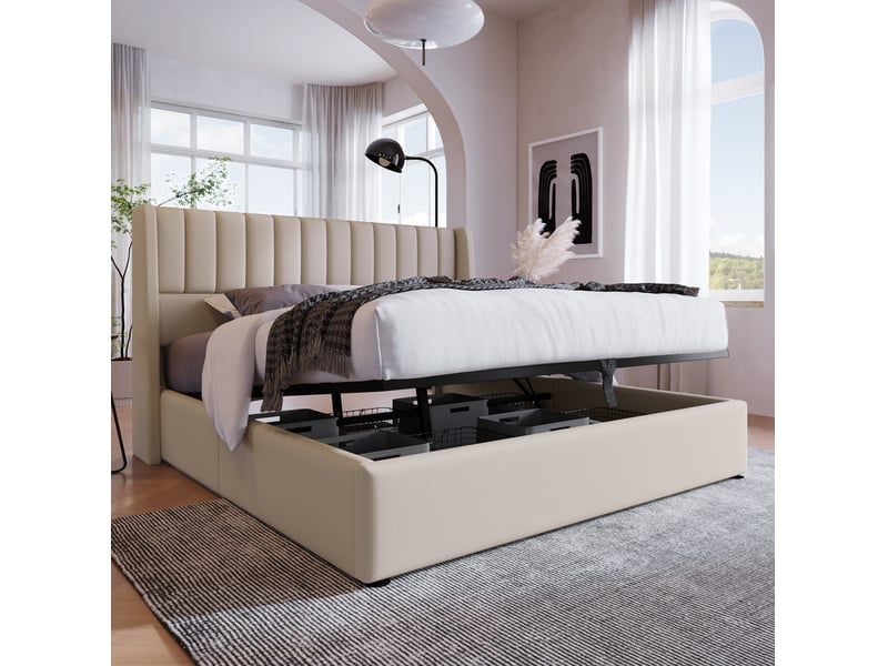 Lit coffre 2 places 180x200 cm  en lin coloris beige  - Conforama B