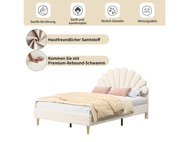  Lit enfant fille 140x200 cm lit princesse fille avec sommier à lattes pour enfants et adolescents, velours, ​​beige  - Conforama R
