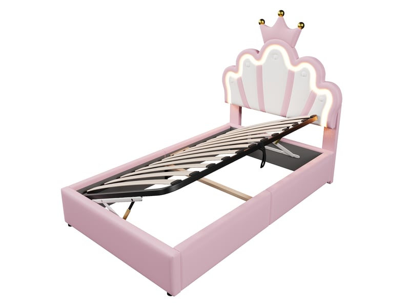 Lit coffre 90x200 cm, lit enfant avec éclairage led, tête de lit réglable forme couronne, en pu, rose, sans matelas - Conforama D