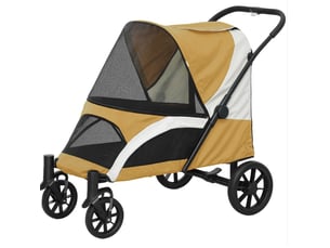 Poussette pliable 124x67x100 cm avec 4 roues, freins et leines de sécurité, marron