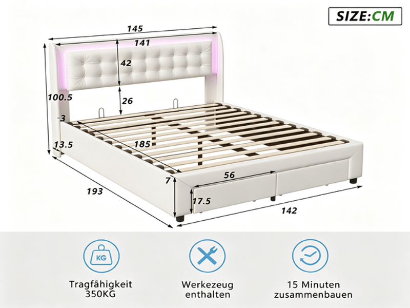  Lit coffre 140x190 cm ezssw, coloris beige  - Conforama C