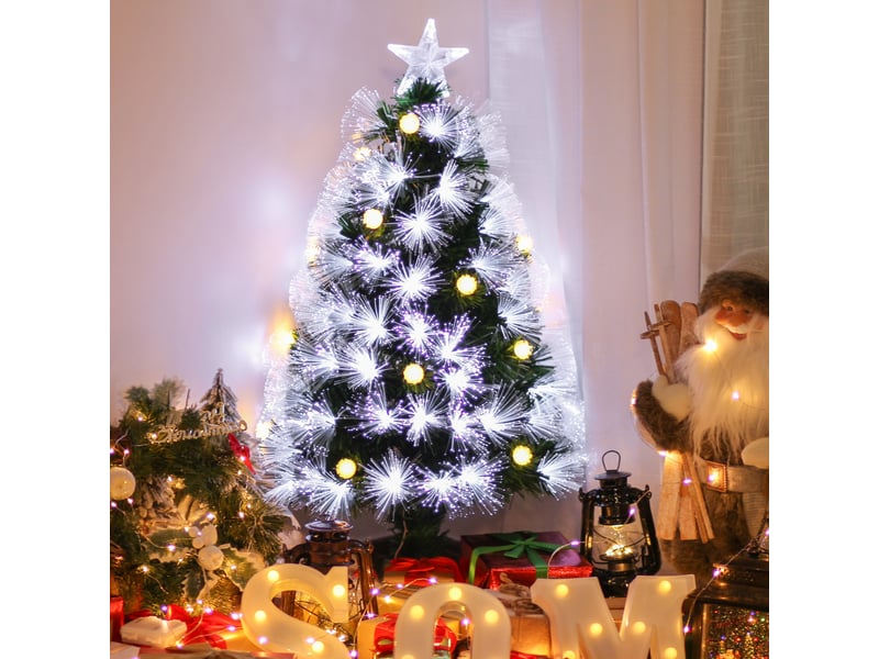  Sapin de noël artificiel lumineux 90h cm fibre optique led + 14 ampoules + support pied 90 branches étoile sommet brillante vert  - Conforama A