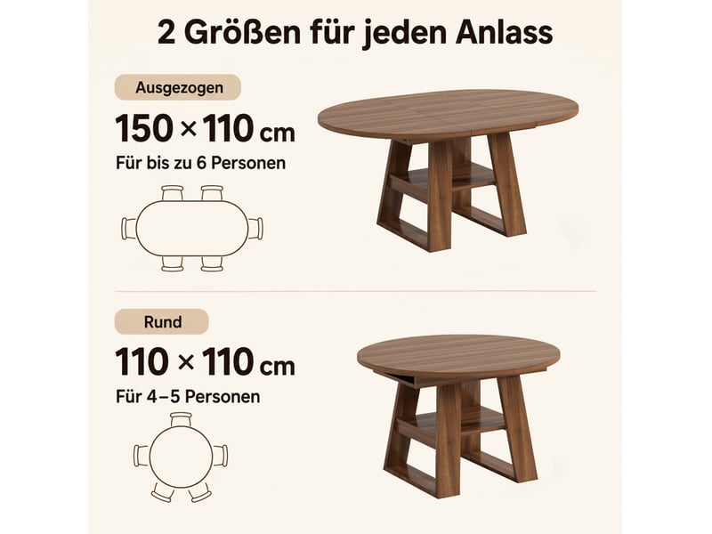  Table à manger extensible 150x110x75 cm avec rangement mdf noyer  - Conforama D