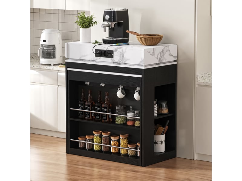 Îlot de cuisine extensible à roulettes avec prises et rangement noir - Conforama B