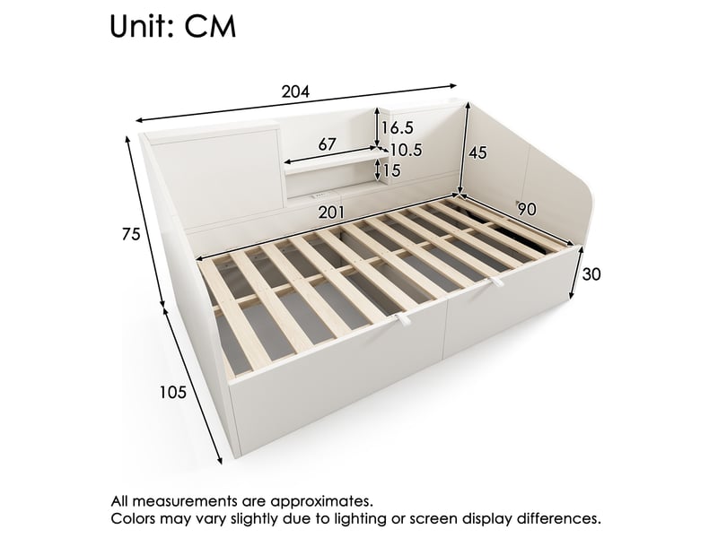  Lit banquette 90x200 cm – blanc – rangement hydraulique, étagères et station usbusb-c – sans matelas  - Conforama C