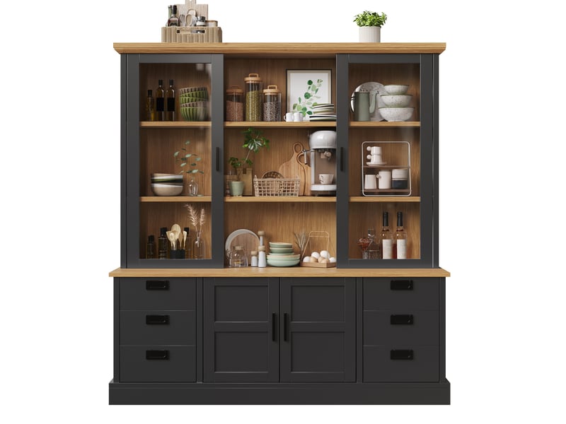  Colonne de cuisine avec 6 tiroirs et 6 niches, portes vitrées, 140×40×185 cm en mdf noir  - Conforama A