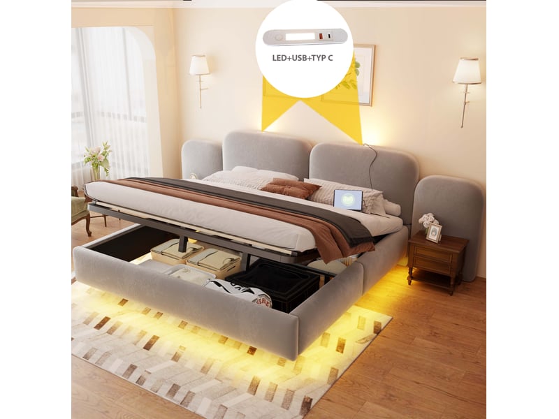  Lit coffre 180x200 cm en velours gris avec led rgb et usb  - Conforama D