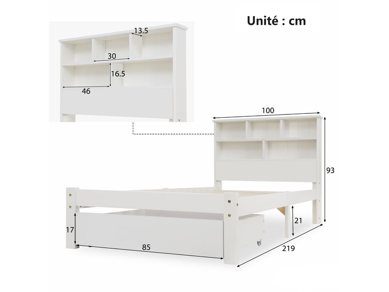 Lit avec rangement 90x200 cm - lit simple avec tête de lit et rangement - mdf - sans matelas - blanc - Conforama C