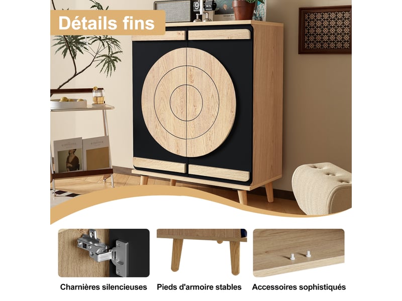  Meuble à chaussures 76x37x98.5 cm, design contemporain, portes rondes noires, rangement ordonné pour entrée ou couloir  - Conforama E