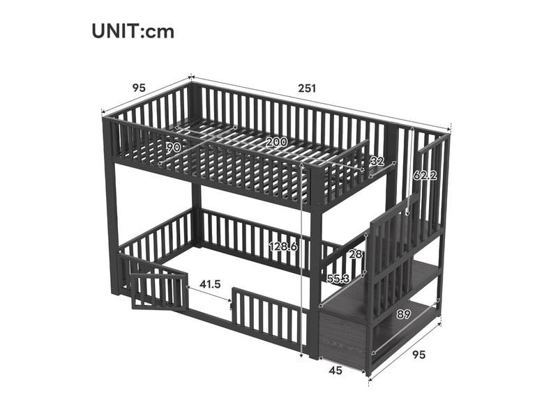 Lit superposé 2 places 90 × 200 cm avec led réglable, échelle de rangement et barrières, sans matelas, noir - Conforama E
