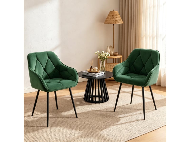  Chaises de salle à manger lot de 2 avec accoudoirs et dossier ergonomique  - pieds métal, velours - vert foncé  - Conforama B