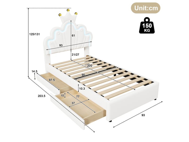  Lit enfant 90 x 200 cm avec 2 tiroirs, éclairage led télécommandé, blanc  - Conforama C
