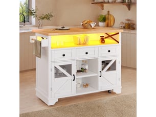 Îlot de cuisine mobile avec led et plateau rabattable, 3 tiroirs, 2 portes evryae