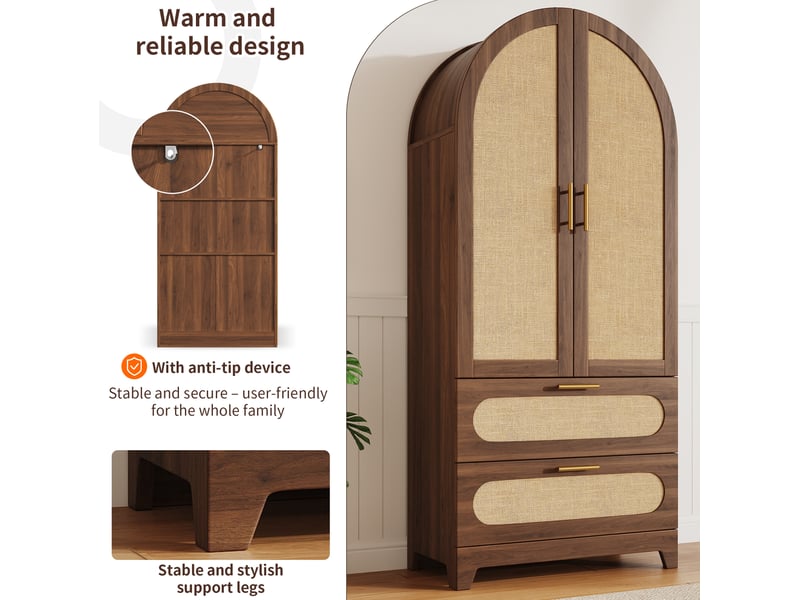  Buffet et enfilade haut avec 4 portes et 4 tiroirs, façades effet rotin, pour salle à manger, en mdf et métal  - Conforama E