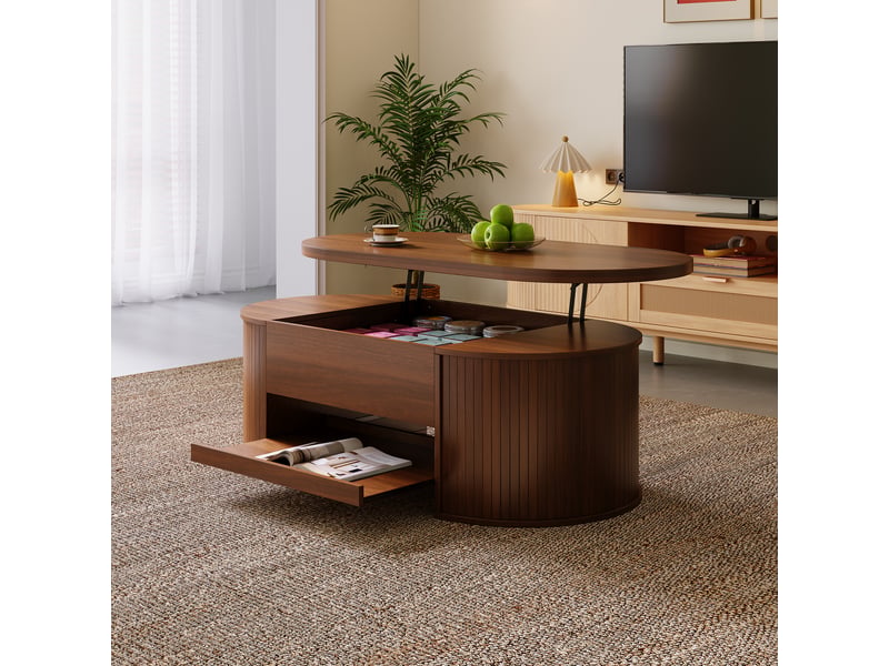  Table basse relevable avec côtés en bois courbés, plateau extensible et rangement, design multifonctionnel  - Conforama B