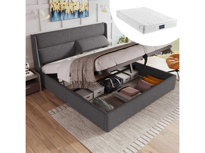  Lit coffre double 160×200 cm, tête de lit réglable et rangement - okmyhome- gris, matelas inclus en lin  - Conforama B