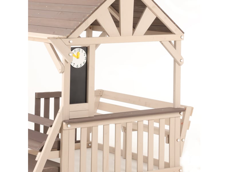  Cuisine d'extérieur enfant en bois gris et beige avec toit résistant à la pluie, étagères, dès 3 ans  - Conforama D