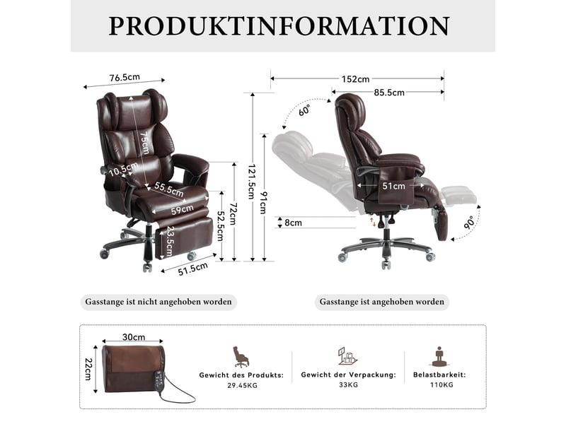  Chaise de bureau pivotante avec massage, chauffage, repose-pieds et dossier inclinable en cuir pu marron  - Conforama D