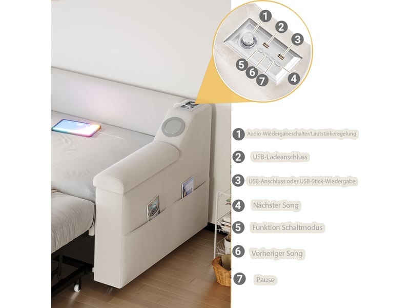  Lit canapé capitonné 90180*190 cm, enceinte bluetooth, usb, compartiments, velours beige  - Conforama D