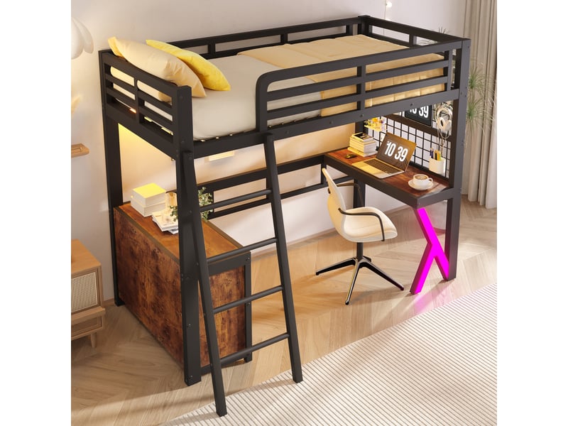  Lit mezzanine 90 x 200 cm, table, bande lumineuse led, armoire de rangement, sans matelas, noir  - Conforama B
