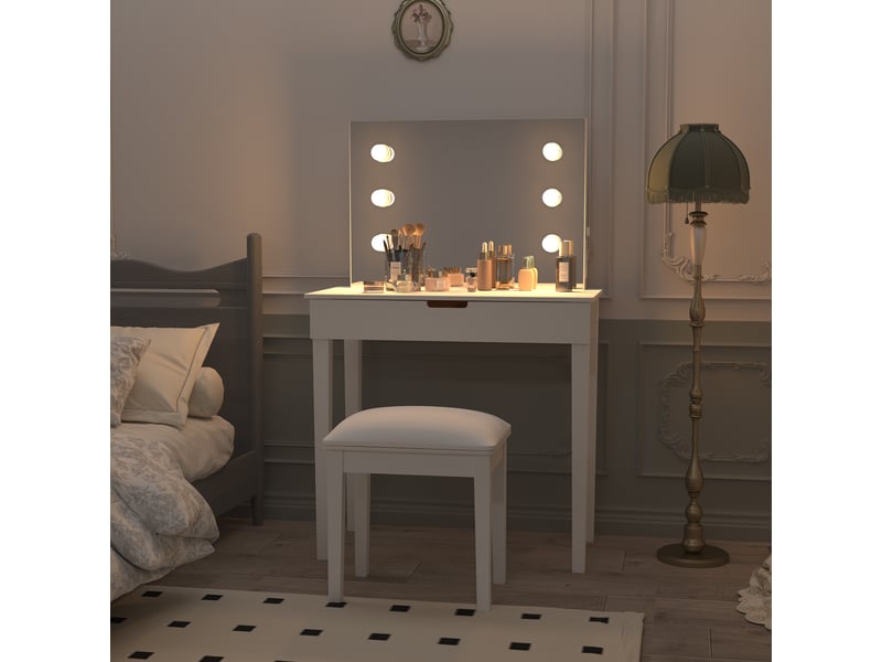 Coiffeuse avec miroir et 6 lampes à del réglables - lpospi - 2 tiroirs, prises usb et type c, mdf blanc  - Conforama C