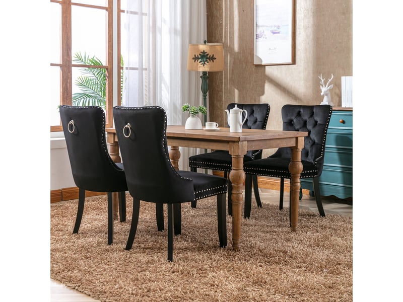  Lot de 2 chaises de salle à manger en velours noir, dossier haut capitonné, clous décoratifs, pieds en bois massif, style français élégant  - Conforama C