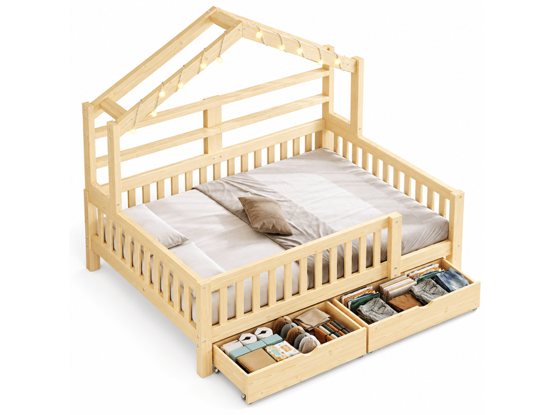  Lit cabane 140x200cm naturel, toit décoratif, 2 tiroirs, led à disposer autour du cadre et barrières latérales, pin et mdf, pour chambre enfant  - Conforama A