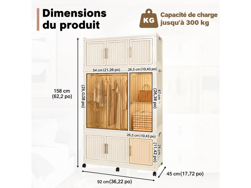  Armoire penderie pliable et modulable, 9 portes, blanc crème, 92 x 45 x 158 cm  - Conforama C