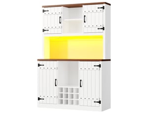 Haut meuble de cuisine 120x40x180 cm à portes style grange avec éclairage rgb led, rangements fermés et étagère ouverte, aspect vintage industriel, étagères réglables, porte-bouteilles, mdf, blanc