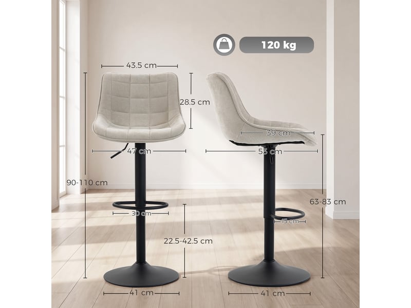  Ensemble de 2 tabourets de bar pivotants et réglables avec base et dossier en métal, blanc crème  - Conforama E