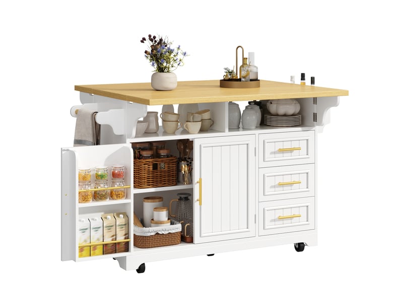 Desserte de cuisine sur roulettes, 3 tiroirs, plateaux rabattables et étagères réglables, blanche, 120 × 40(80) × 95 cm - Conforama A