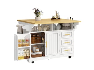 Desserte de cuisine sur roulettes, 3 tiroirs, plateaux rabattables et étagères réglables, blanche, 120 × 40(80) × 95 cm