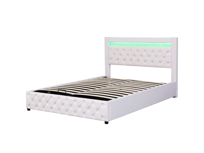  Lit coffre 140 × 190 cm, revêtement pu, sommier à lattes, rangement hydraulique, éclairage led, sans matelas, blanc  - Conforama A