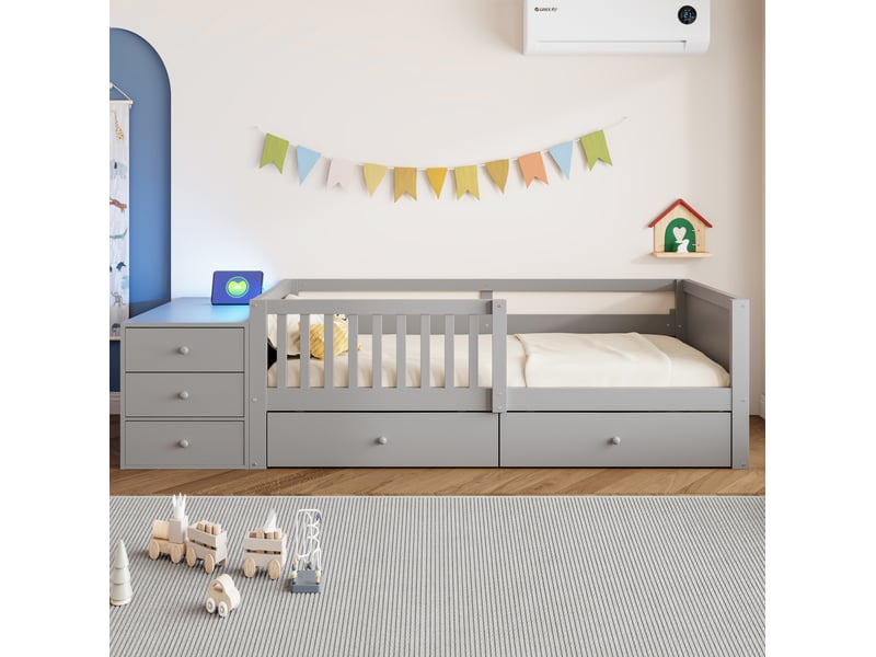  Lit enfant 90x200 cm avec rangement séparé, prise, led, 2 tiroirs et grille de sécurité, en bois, gris, sans matelas  - Conforama D