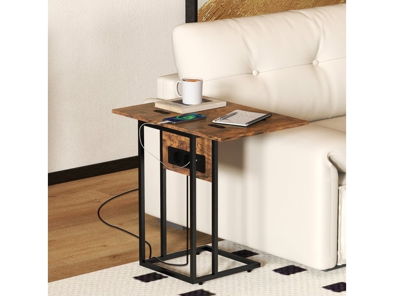  Table d'appoint extensible pliable marron avec station de charge usb, structure métal, idéale près du canapé  - Conforama B