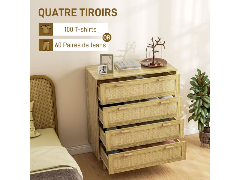  Commode 4 tiroirs meuble de rangement façade tissage en rotin bohème style dim. 90l x 45p x 108,5h cm aspect bois clair  - Conforama E
