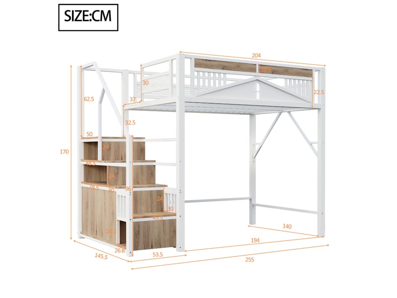  Lit mezzanine 140x200 cm avec escalier de rangement et garde-corps blanc  - Conforama C