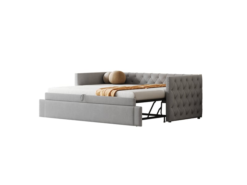 Lit gigogne enfant 90x200 cm avec sommier - lit simple forme classique avec boutons - velours - gris clair (sans matelas)  - Conforama B