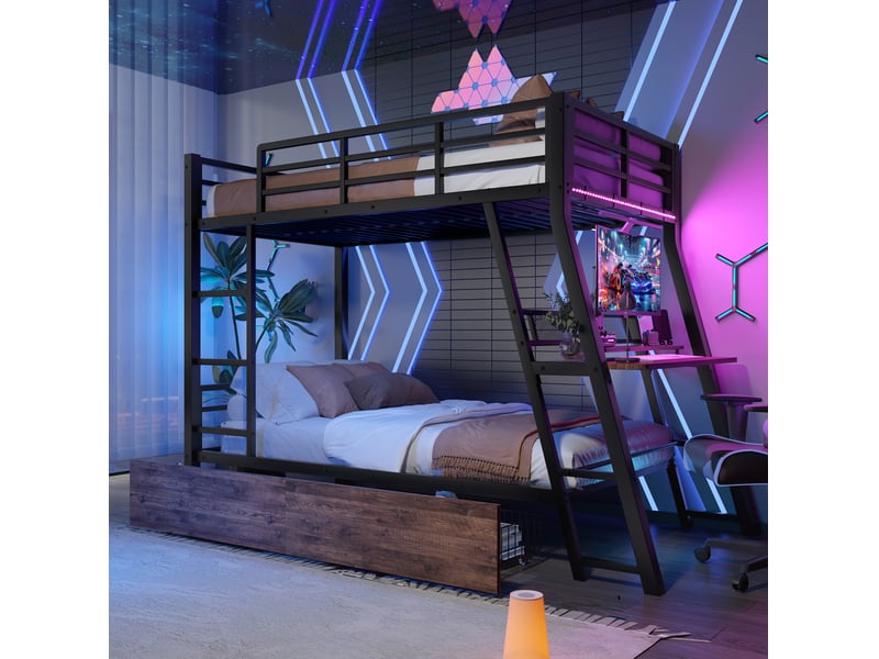  Lit superposé 90x200 cm, 2 tiroirs, garde-corps renforcé, bandeau avec éclairage led réglable, bureau intégré, métal noir sans matelas  - Conforama B