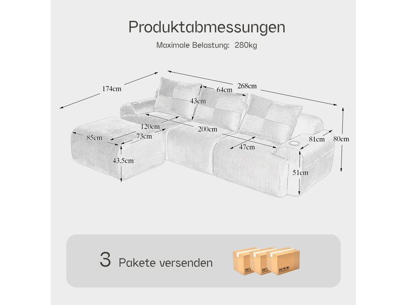 Canapé modulable 3 places avec pouf en velours côtelé gris clair, porte-gobelet et poche latérale  - Conforama E