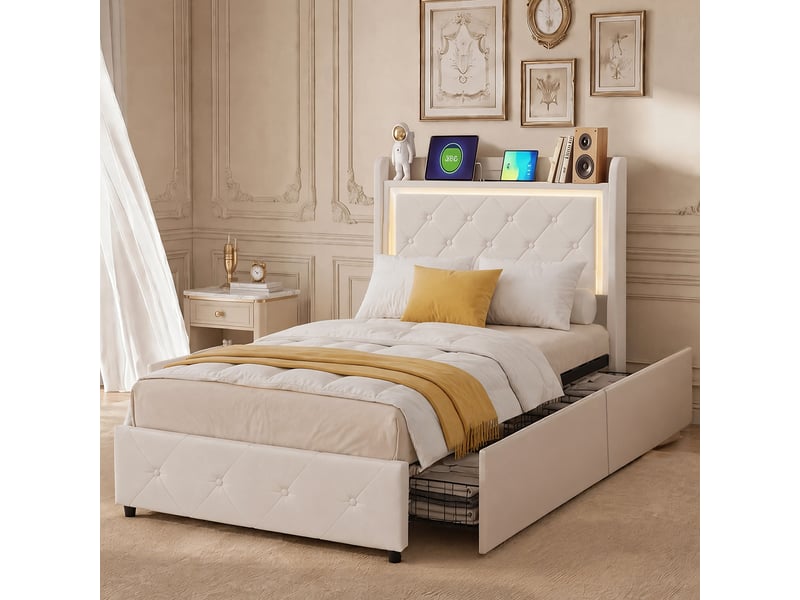  Lit simple rembourré 90x200cm,lit 90x200cm avec led et chargement usb,2 tiroirs,lit adulte,sommier à lattes,velours,beige  - Conforama B