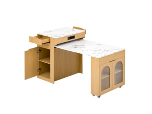 Ilot central de cuisine - 80x55x93cm - desserte extensible avec table, prises, riffglas et roulettes - bois naturel