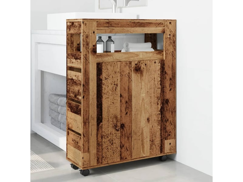 Meuble étroit salle de bain, commode à roulettes vieux bois shl4087  - Conforama C
