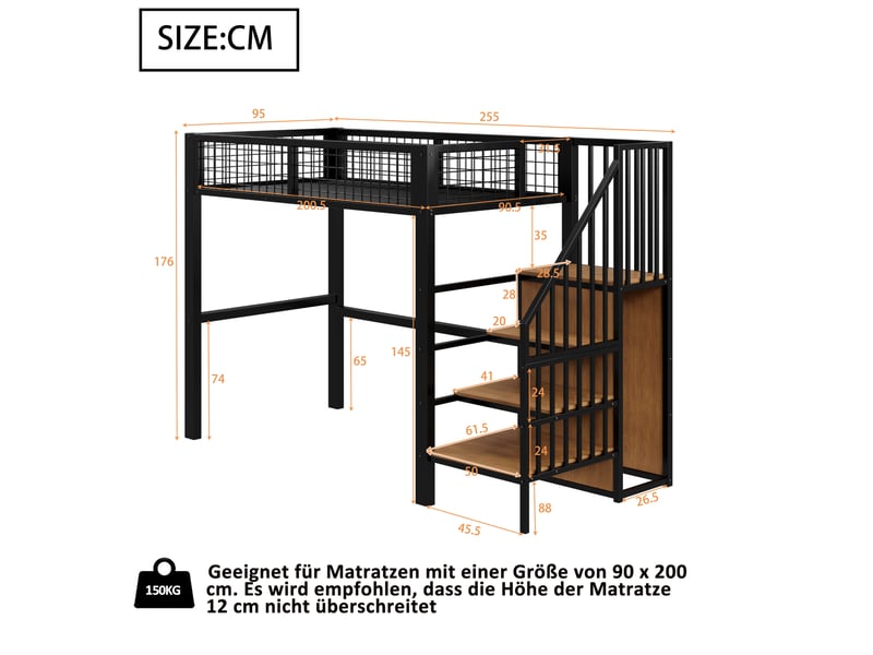  Lit mezzanine enfant 90x200 cm avec échelle et rangements noir  - Conforama C