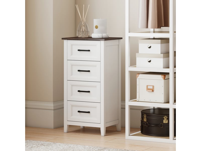  Commode à 4 tiroirs pour chambre et salon, en bois, 45 x 35 x 87 cm, blanc et marron  - Conforama D